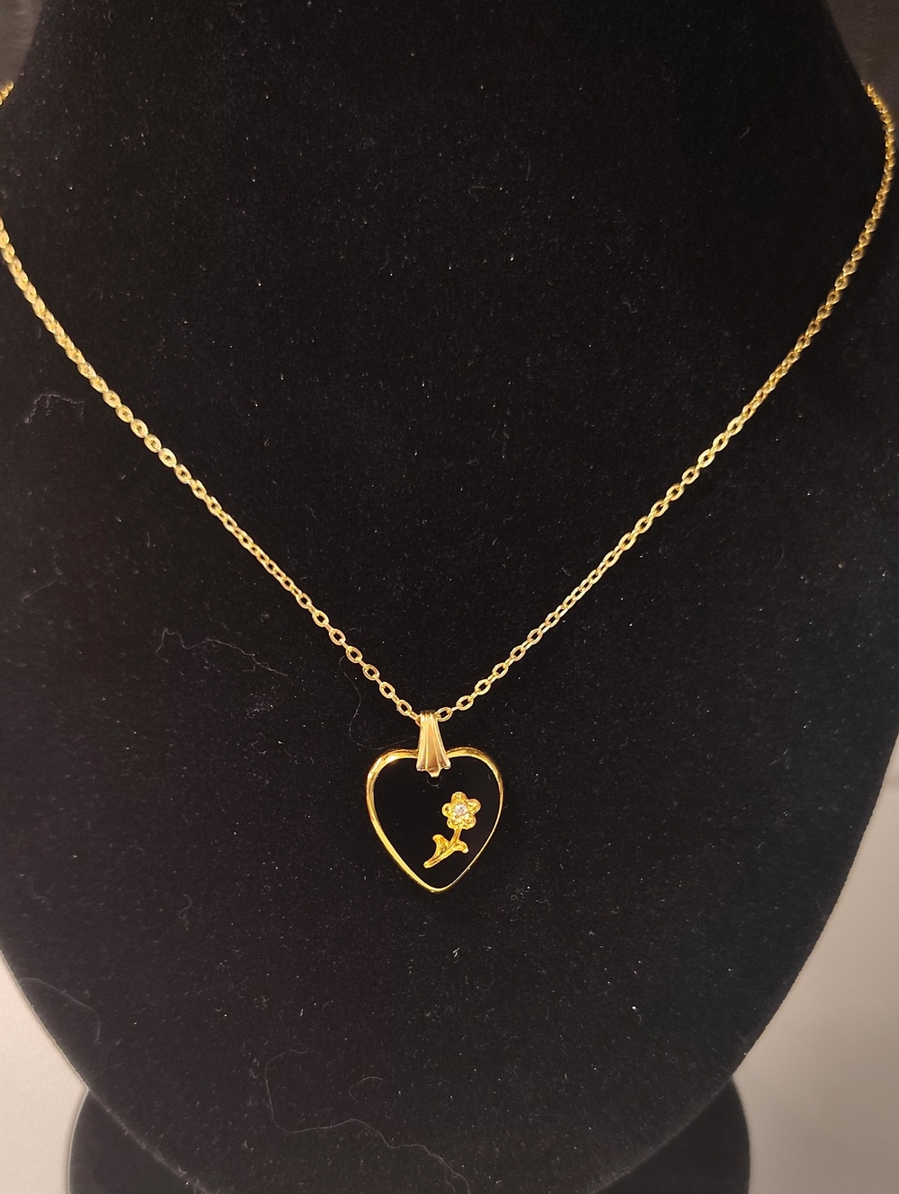Vintage Onyx Heart With Gold Floral Overlay Design & Jewel Center (Faux)